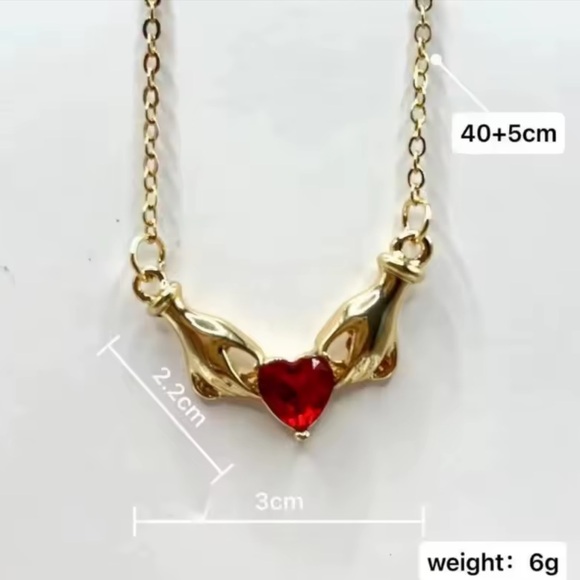 Gold Hands Holding Red Heart Necklace Romantic - Picture 10 of 11